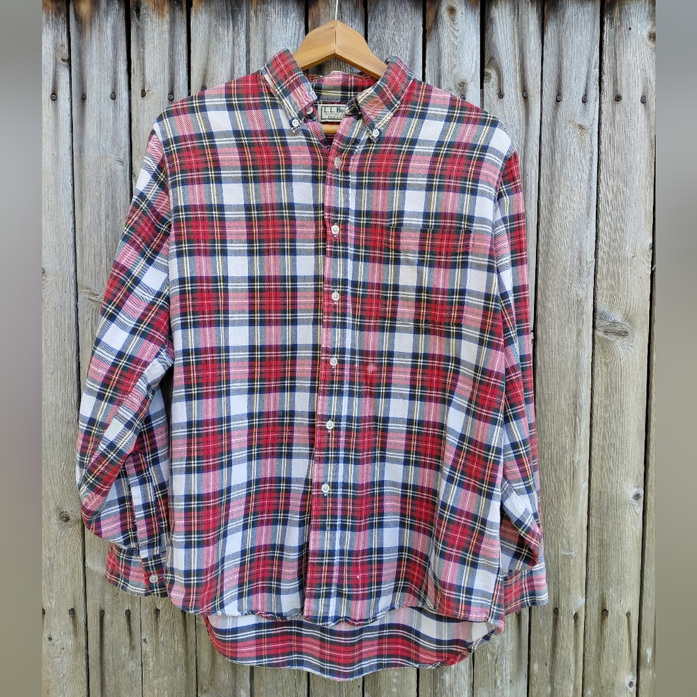 Vintage LL Bean Made in the USA red white blue plaid button down flannel Mens M